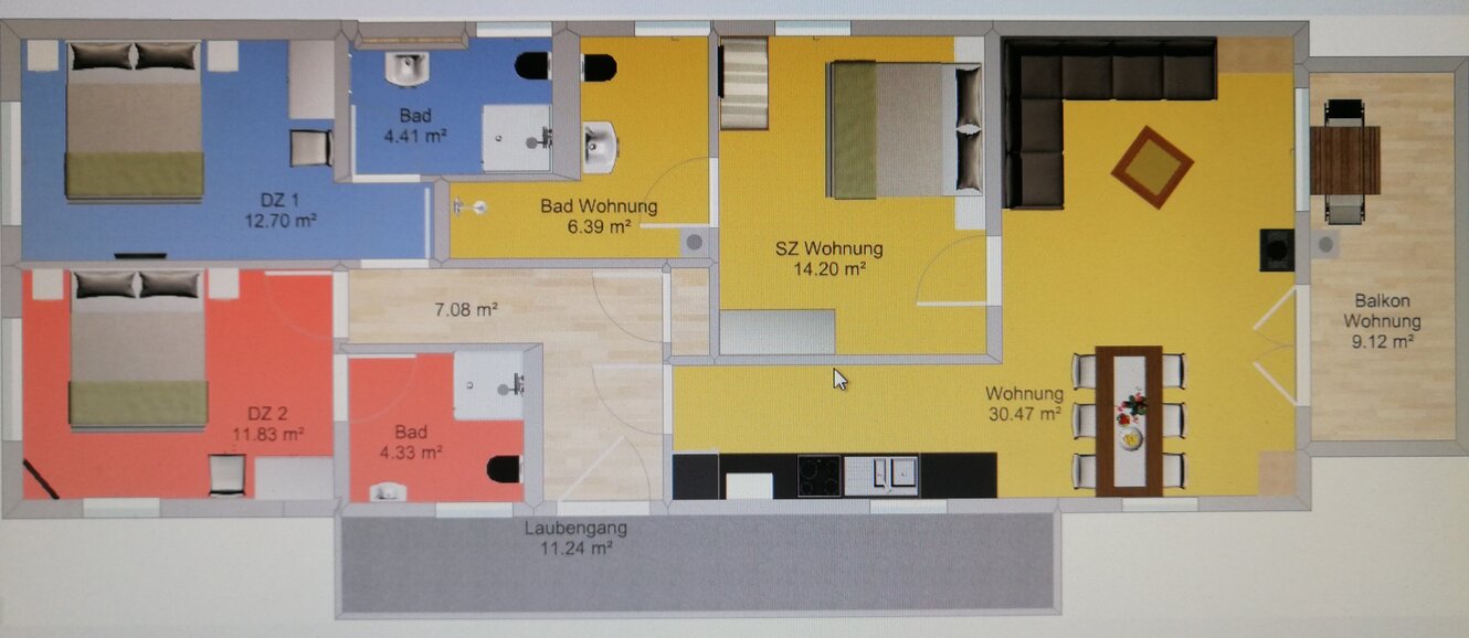 Grundriss Ferienwohnung Landblick mit 3 Schlafzimmern und 3 Bädern 