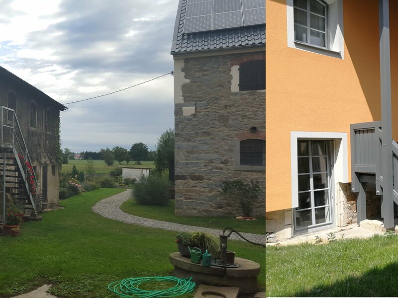 Außenansicht vom Ferienhaus mit Ferienwohnung Wellness und Ferienwohnung Landblick Gegenüberstellung Alt/Neu 